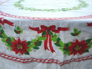Vintage Christmas Tablecloth Holly & Berry Poinsettia Oval 86 " X 60 "