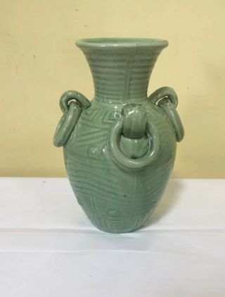 Vintage Chinese Pottery Celadon Vase Green,  Rings,  Raised Relief 7 "