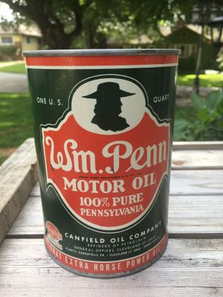 Vintage Wm Penn Motor Oil Can Quart Metal Cleveland Ohio 1 Qt Full
