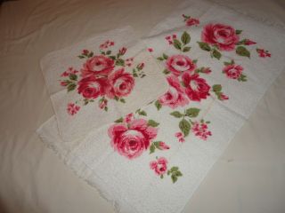 Hand Towel & Wash Cloth Pink Roses Print Vintage 1970 