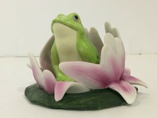 Franklin Porcelain Woodland Surprises Frog In A Lily Pad Flower