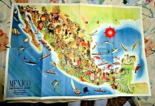 Vintage Lovely Cartoon Map Of Mexico Baja By Medina Mexican Modern Art 1930 