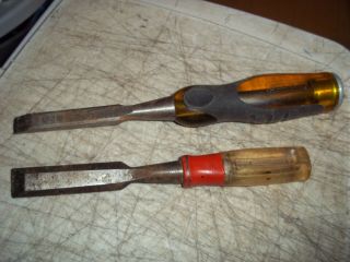 2 Vntg Stanley Wood Chisels 1/2 " 12mm Multi Tool,  3/4 " Bevelled Edges 8 & 9 " L
