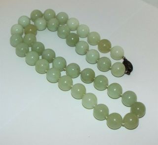 Vintage Chinese Celadon Jade Large 13mm Bead Necklace Sterling Silver 157 Grams