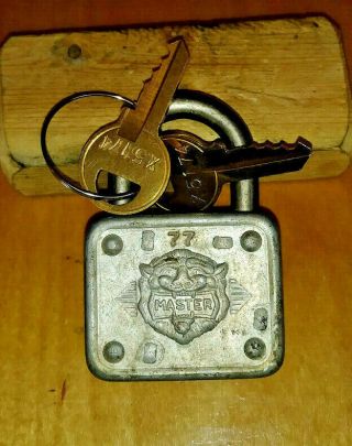 Vintage Master Lock 77 Lion Padlock & 2 Keys X5174