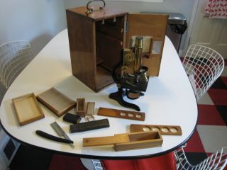 Antique E.  Leitz Wetzlar Brass & Steel Microscope W.  Locking Case & Accessories