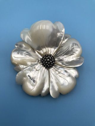Stephen Dweck Sterling Silver Signed Mother Of Pearl Flower Brooch Hand Carved