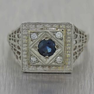 1930s Antique Art Deco 18k White Gold.  28ctw Diamond Sapphire Cocktail Ring