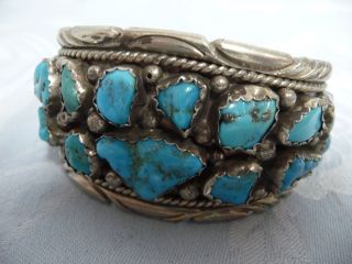 Vintage Navajo Pawn Silver Cuff Bracelet W/15 Turquoise Nuggets