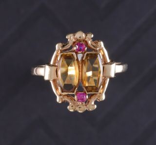 Antique Art Deco 14k Yellow Gold 2 Ctw Natural Citrine & Ruby Ring