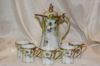 Vintage Nippon Floral Hand Painted Chocolate Pot Set,  Coffee/teapot W/5 Cups