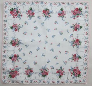 Vtg Hankie Handkerchief Pink And Red Flower Bouquets On Printed Lace Border