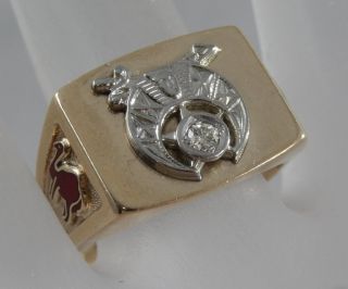 10 Karat Yellow Gold Enameled Shriners Masonic Diamond Ring Size 9 1/4 10k F0592
