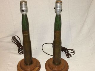(2) Artillery Shell Trench Art Lamps With Wood Base 16” Tall Wwii