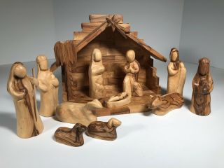 Vintage Olive Wood Nativity Set 12 Piece Christmas Themed Wood Carving Israel