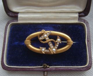 Victorian 15k Carat Gold Seed Pearl Anchor Naval Mourning Brooch Symbol Hope