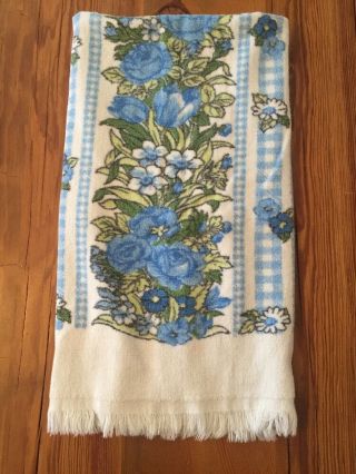 Vintage Bath Towel Blue Floral Retro Fringe 60s 70s Color Fast Print Briggs Usa