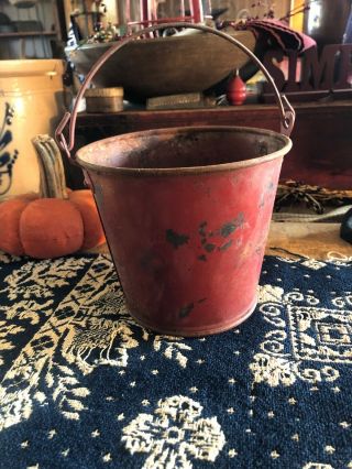 Antique Vtg Miniature Galvanized Metal Bucket Handle Old Red Paint