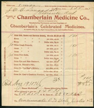 1895 Antique Quack Medical Billhead Patent Medicine Cholera Remedy Des Moines Ia