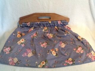 Knitting Sewing Bag Vintage Wood Handles Floral Blue Cotton Fabric Handmade
