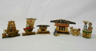 Set Of 6 Japanese Vintage Kokeshi Wooden Doll / Souvenir Konpira Shrine