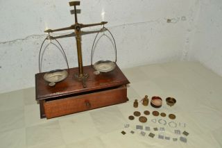 Antique Apothecary Drug Druggist Compact Balance Scale Brass Wood Box Pharmacy