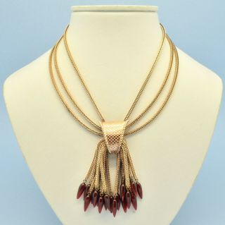 Vintage Necklace 1940s German Art Deco Red Glass Tassel Drops Goldtone Jewellery