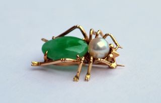 14k Yellow Gold 5ctw Natural Jade Cultured Pearl Spider Brooch 2.  8gm