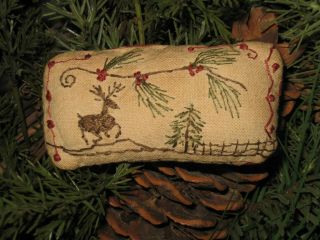 Primitive Tiny Sampler Pillow Reindeer Pine Garland Early Quilt Folk Art X - Mas