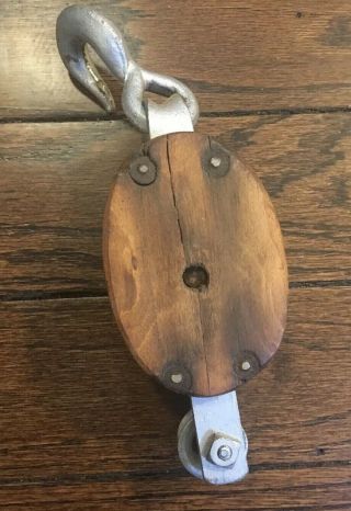 VINTAGE Single WHEEL WOOD PULLEY BLOCK AND TACKLE 3