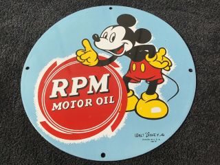 Vintage Walt Disney Rpm Motor Oil Mickey Mouse Porcelain Sign 12 " Dated Gas Oil