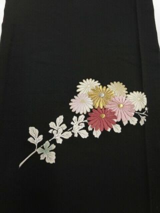 2d04z80 Vintage Japanese Kimono Silk Fabric Black Chrysanthemum 55.  9 "