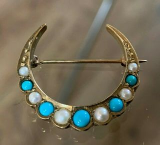 Vintage 9ct Gold Turquoise & Seed Pearl Crescent Brooch Pin