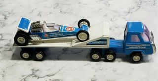 Vintage Buddy L Goodyear Transport Semi With Dragster 10 " Pressed Metal