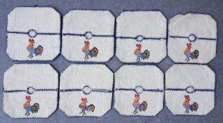 Set Of 8 Vintage Wine Glass Coasters Cross Stitch Rooster On Linen Vtg Square