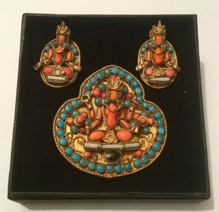Rare Antique Nepal Earrings Brooch Set,  Red Coral & Turquoise,  Carved Coral Face