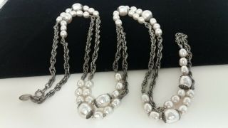 Stunning Extra Long Miriam Haskell Baroque Pearl & Gunmetal Chain Necklace
