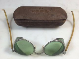 Vintage American Optical Green Safety Goggles Glasses W Metal Case Motorcycle
