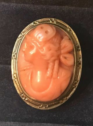 Antique Victorian Art Deco 14k Gold High Relief Carved Coral Maiden Ring 4 3/4
