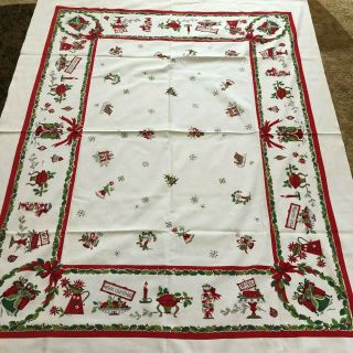 Vtg Christmas Woven Cotton Table Cloth 50 " X 60 " Tablecloth Merry Christmas