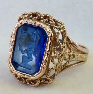 Antique Art Deco Hand Carved Intaglio Cameo Amethyst 14k Gold Ring Italy