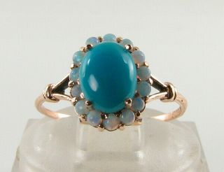 9k 9ct Rose Gold Persian Turquoise & Aus Opal Art Deco Ins Cluster Ring Sz