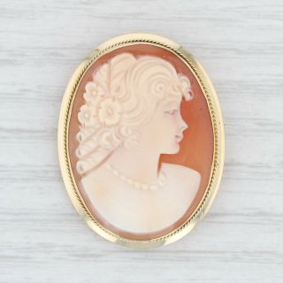 Cameo Brooch Pendant - 18k Yellow Gold Carved Shell Floral Figural Female