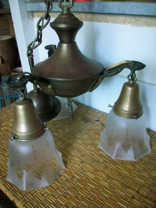 Antique Vintage Brass 3 Light Pan Ceiling Chandelier Fixture W Frosted Etched Sh
