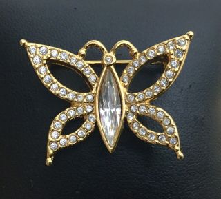 Vintage Swarovski Crystals Gold Tone Butterfly Brooch Pin Swan Mark - 1.  3 "