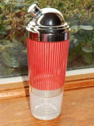 Vintage Mcm Red White Striped Glass Cocktail Shaker Holds 28 Ozs