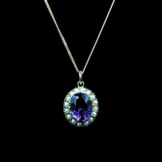 Antique Amethyst And Pearl Oval Halo Cluster 9ct 9k Yellow Gold Pendant Necklace