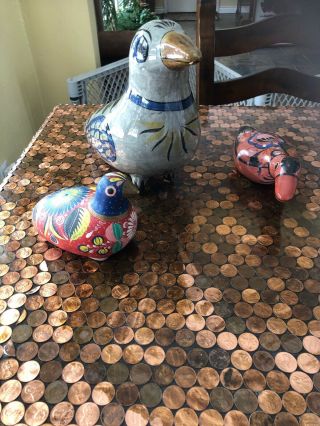 3 Mexican Pottery Folk Art Birds Vintage Hand Painted Large One Is Ken Edwards