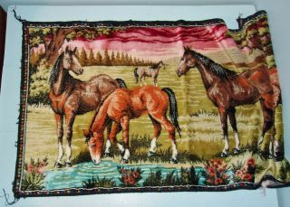 Vintage Velvet Wall Tapestry Rug Horses Mare & Foals 39 " X 20 " Western Ranch