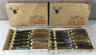 12 Vintage Premier Sheffield England Steak Serrated Knives W/ Stag Horn Handles